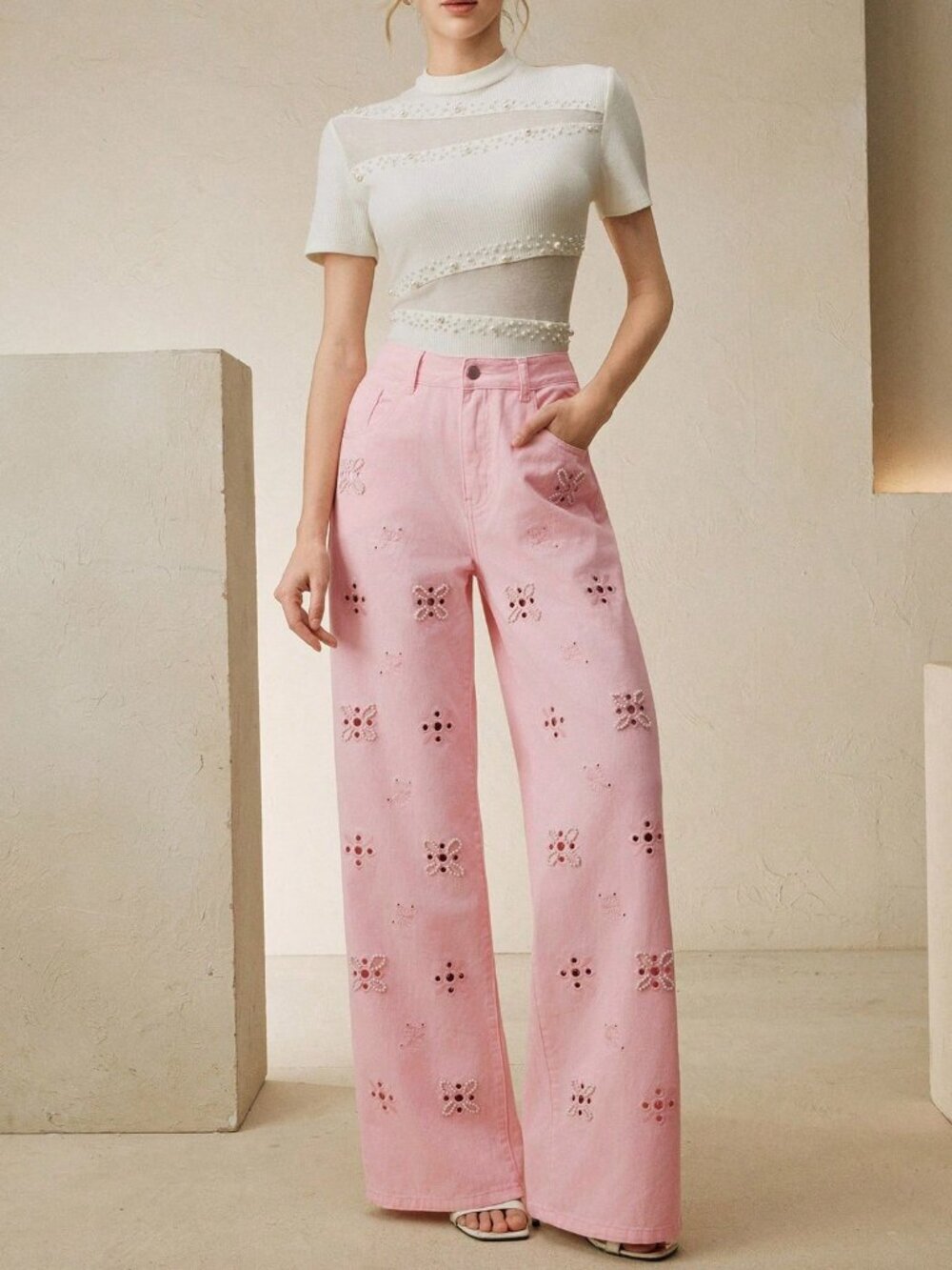 Pink Casual Women's Hollow-Out Embroidered Straight Leg Jeans